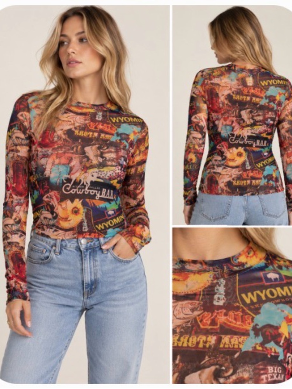 Lucky & Blessed Multicolor Western Graphic Mesh Long-Sleeve Top